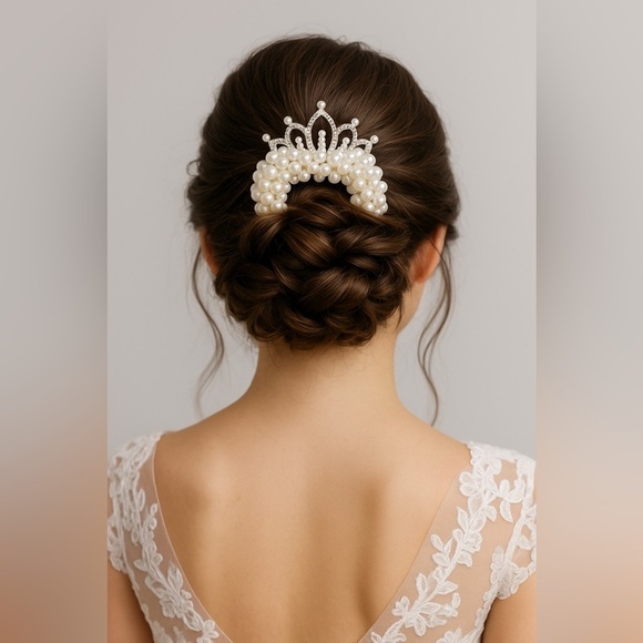 Handmade Accessories - 619- Bride Hair Holder Accessorie Faux Pearls Crown Elastic Bands Handmade NWT